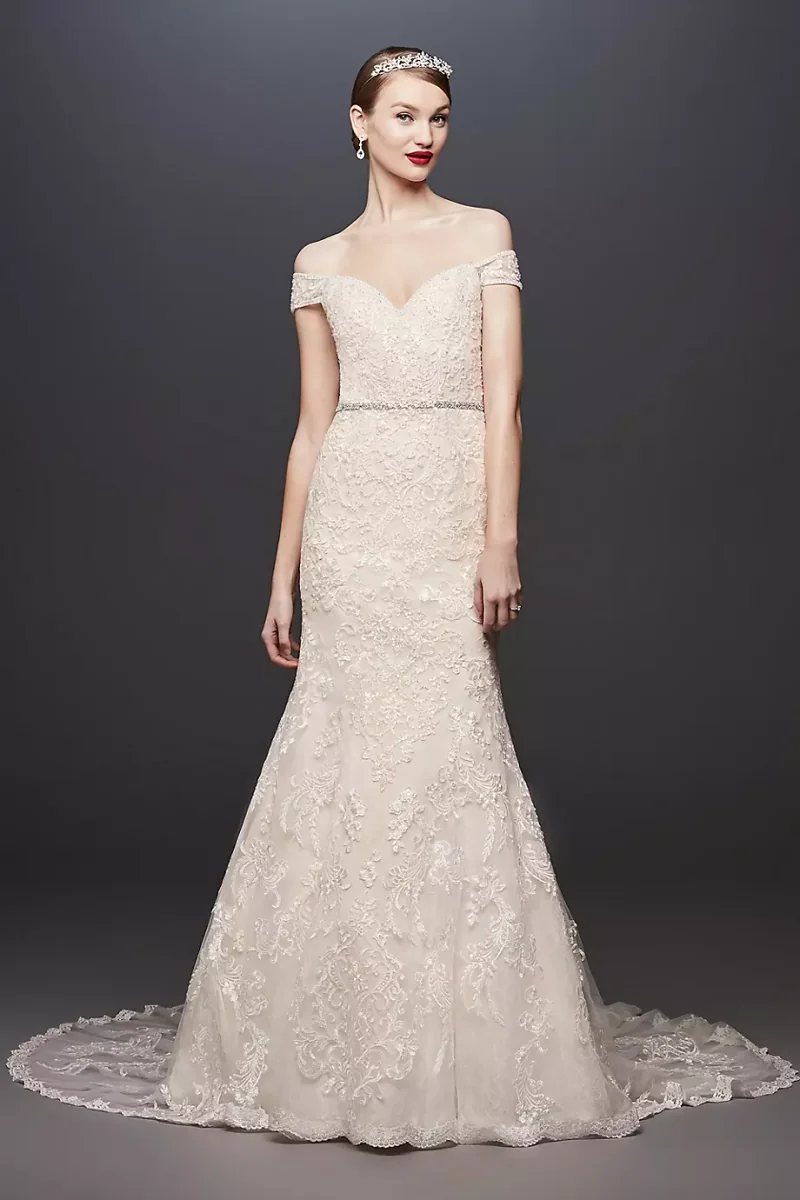 As-Is Beaded Lace Off-The-Shoulder Wedding Dress in Ivory/Stone Size: 10 David's Bridal