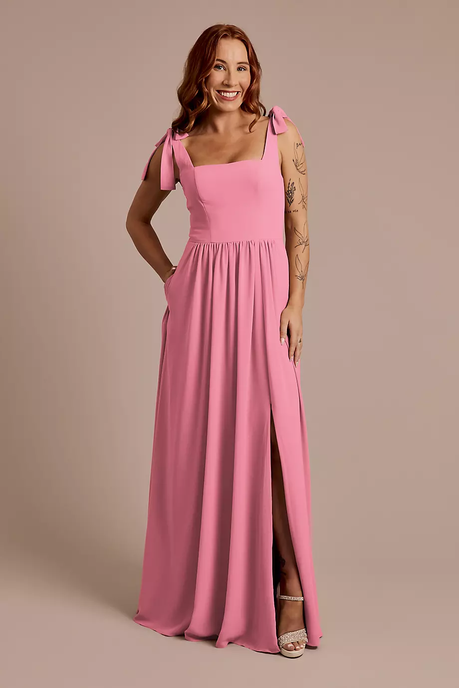 Celebrate DB Studio Chiffon Tie Strap Tank A-Line Dress in Rose Pink Size: 24 David's Bridal