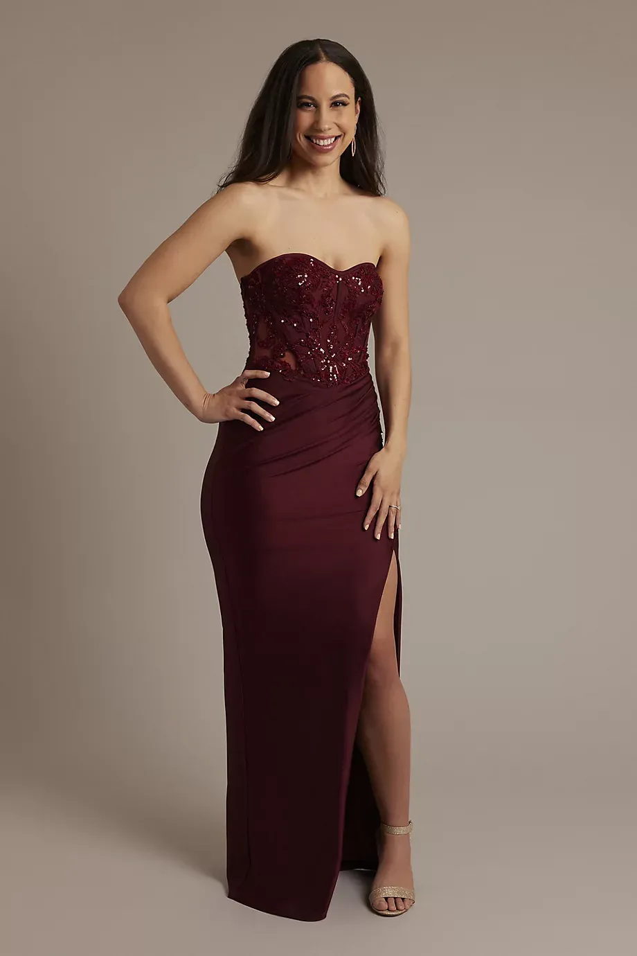 Galina Signature Embellished Power Stretch Strapless Sheath Dress in Burgundy Size: 14 David's Bridal
