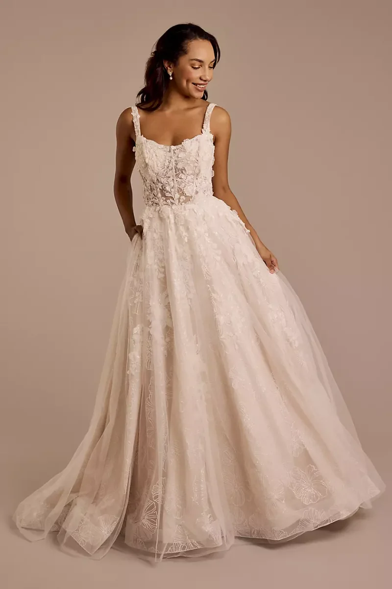 Melissa Sweet Scoop Neck Illusion Bodice Tank Ball Gown in Ivory/Stone Size: 4 David's Bridal