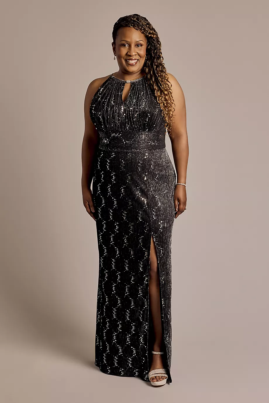 Oleg Cassini Metallic Sequin Keyhole Neckline Sheath Dress in Black/Silver Size: 18W David's Bridal