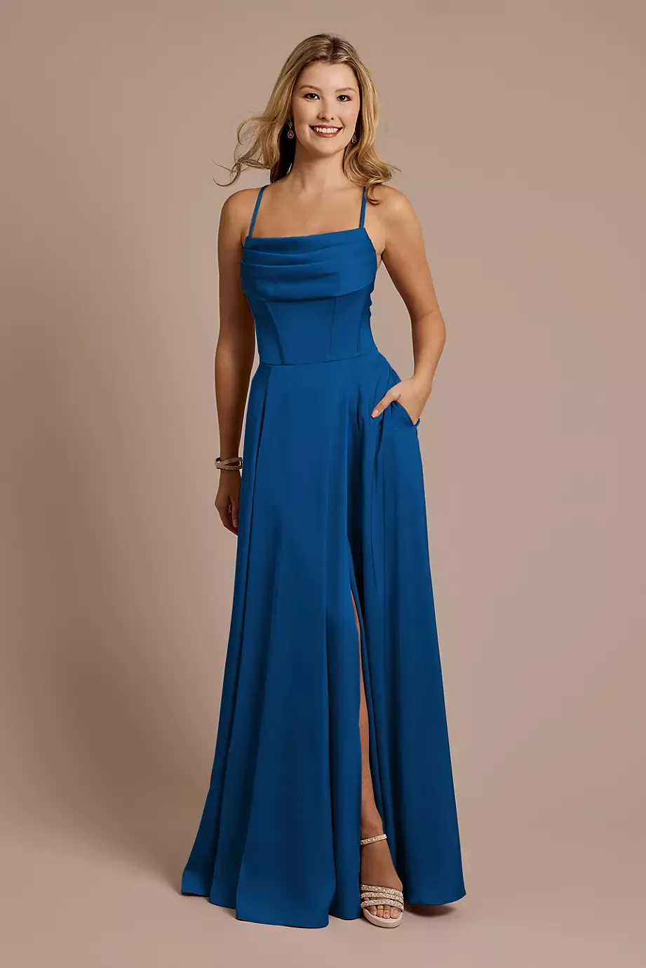 Galina Signature Matte Satin Cowl Neck Spaghetti Strap A-Line Dress in Sapphire Size: 12 David's Bridal