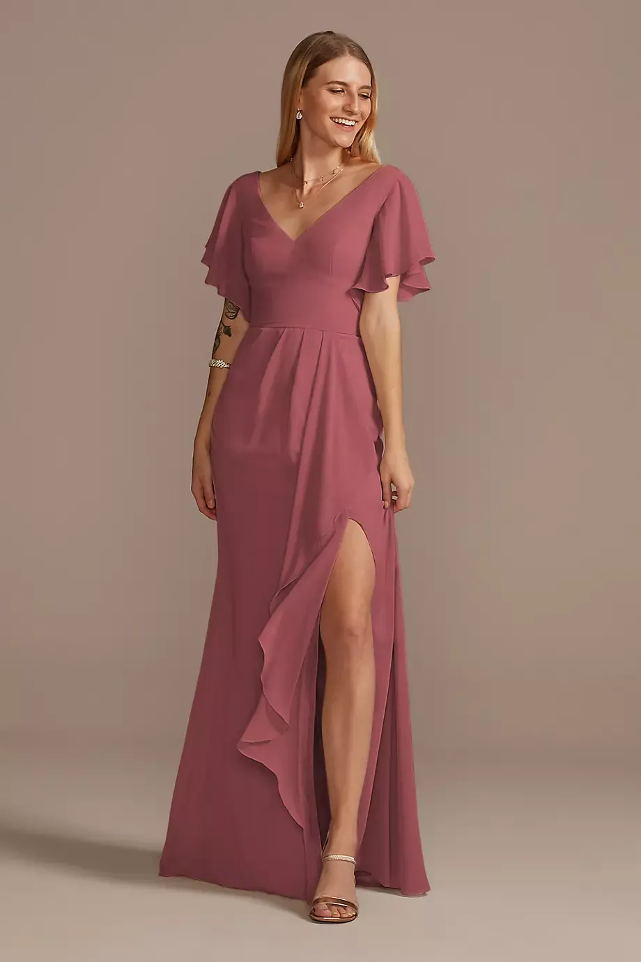 Celebrate DB Studio Flutter Sleeve Dress With Cascade in Chianti Size: 8 David's Bridal