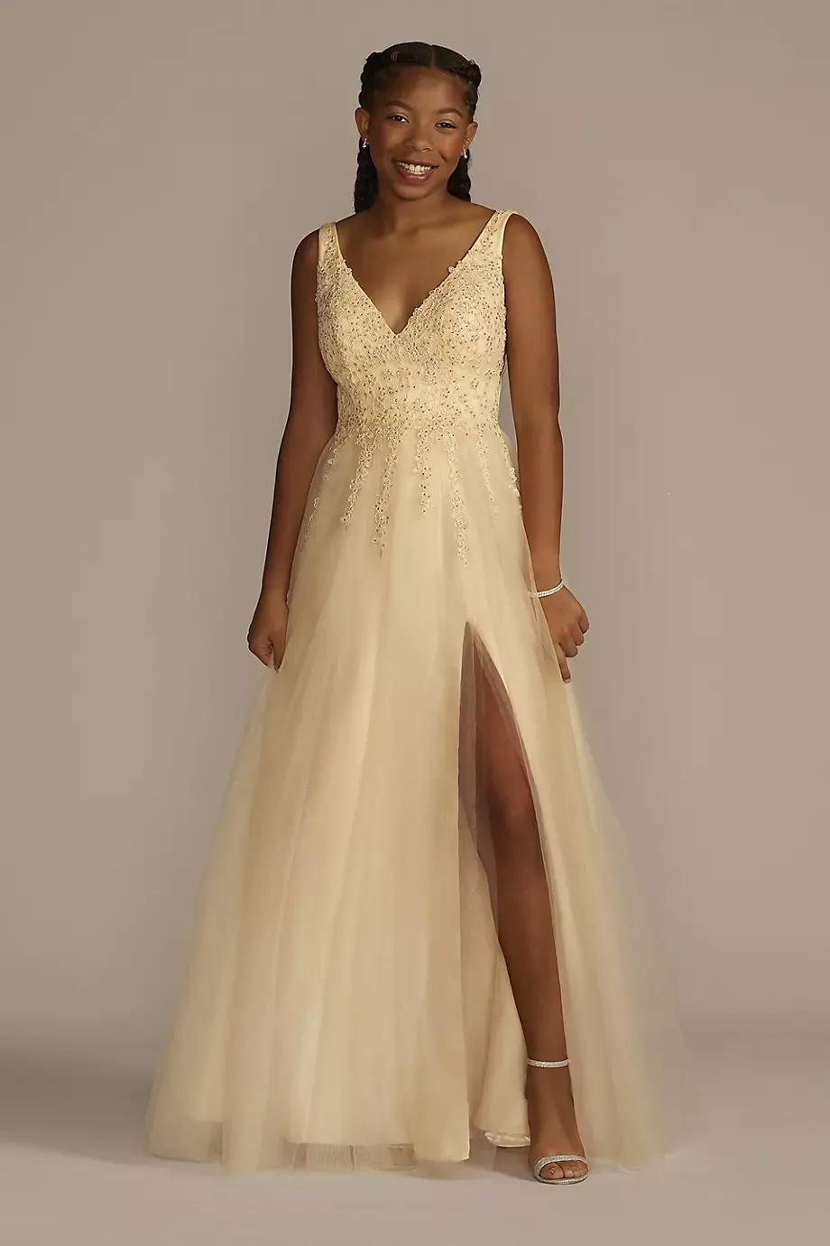 Blondie Nites Embroidered Applique Tulle A-Line Dress in Yellow Size: 1 David's Bridal