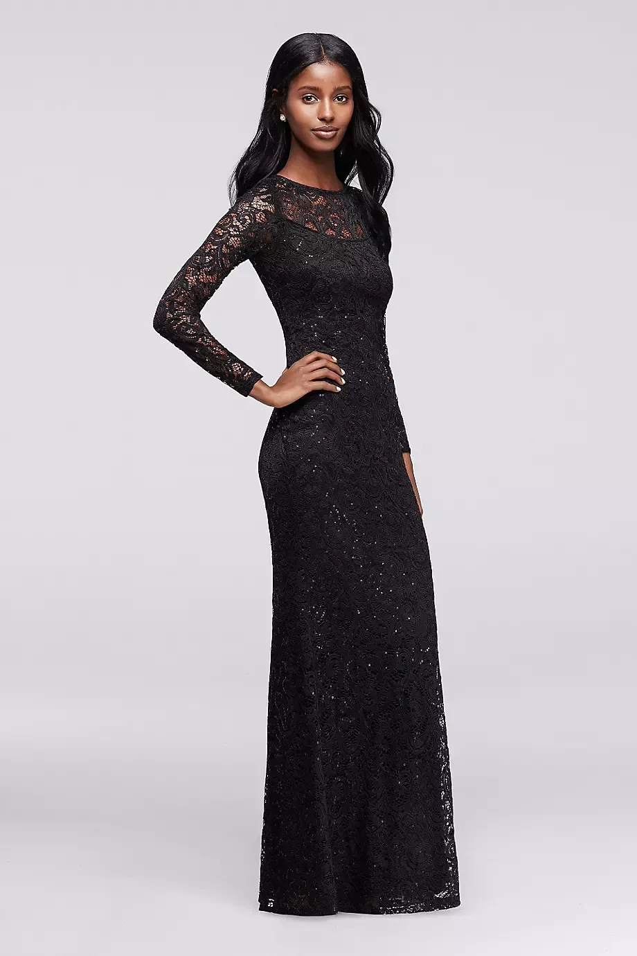 Marina Long Sleeve Illusion Neckline Sequined Lace Dress in Black Size: 8 David's Bridal