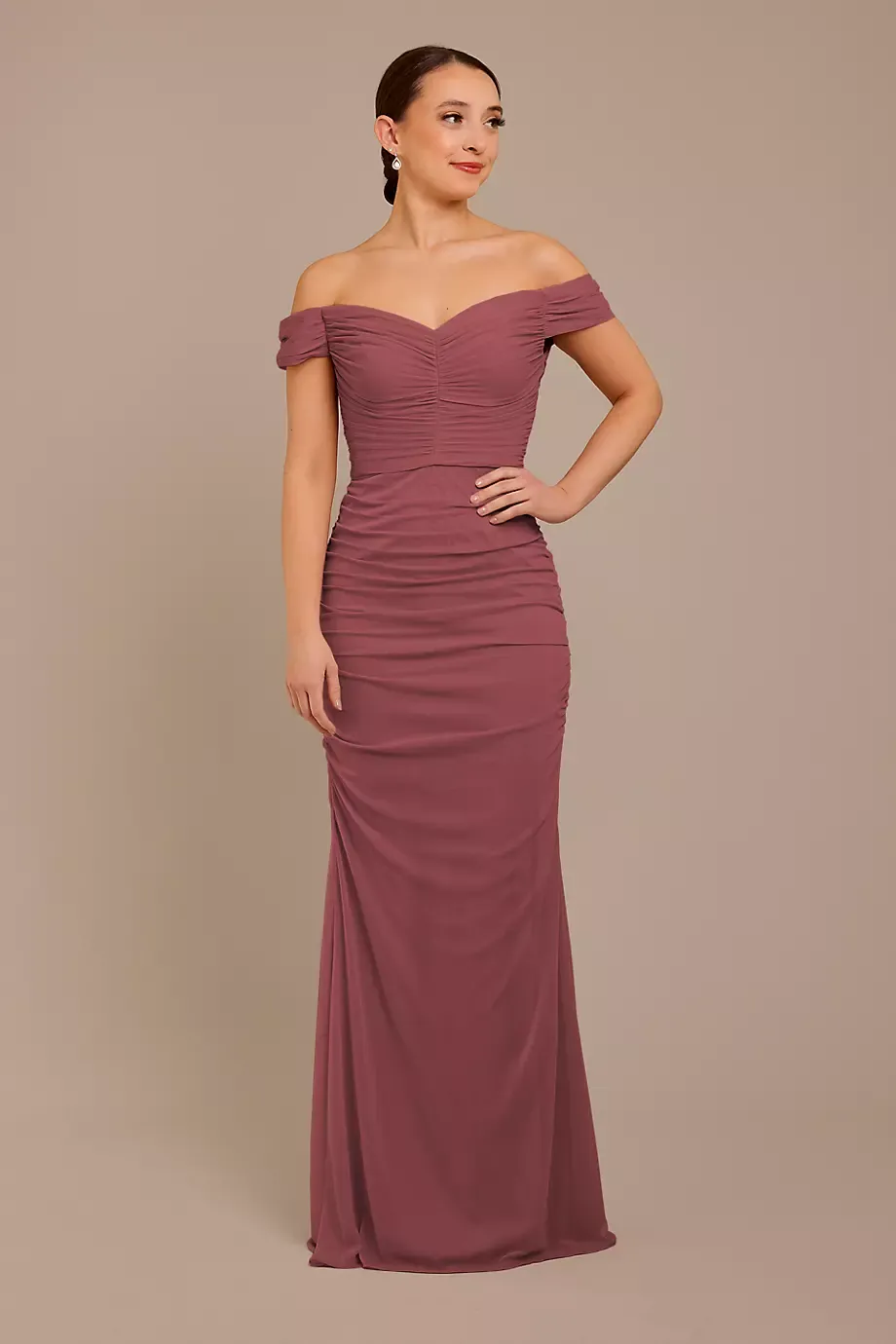 Celebrate DB Studio Mesh Off-The-Shoulder Ruched Bridesmaid Dress in Chianti Size: 16 David's Bridal