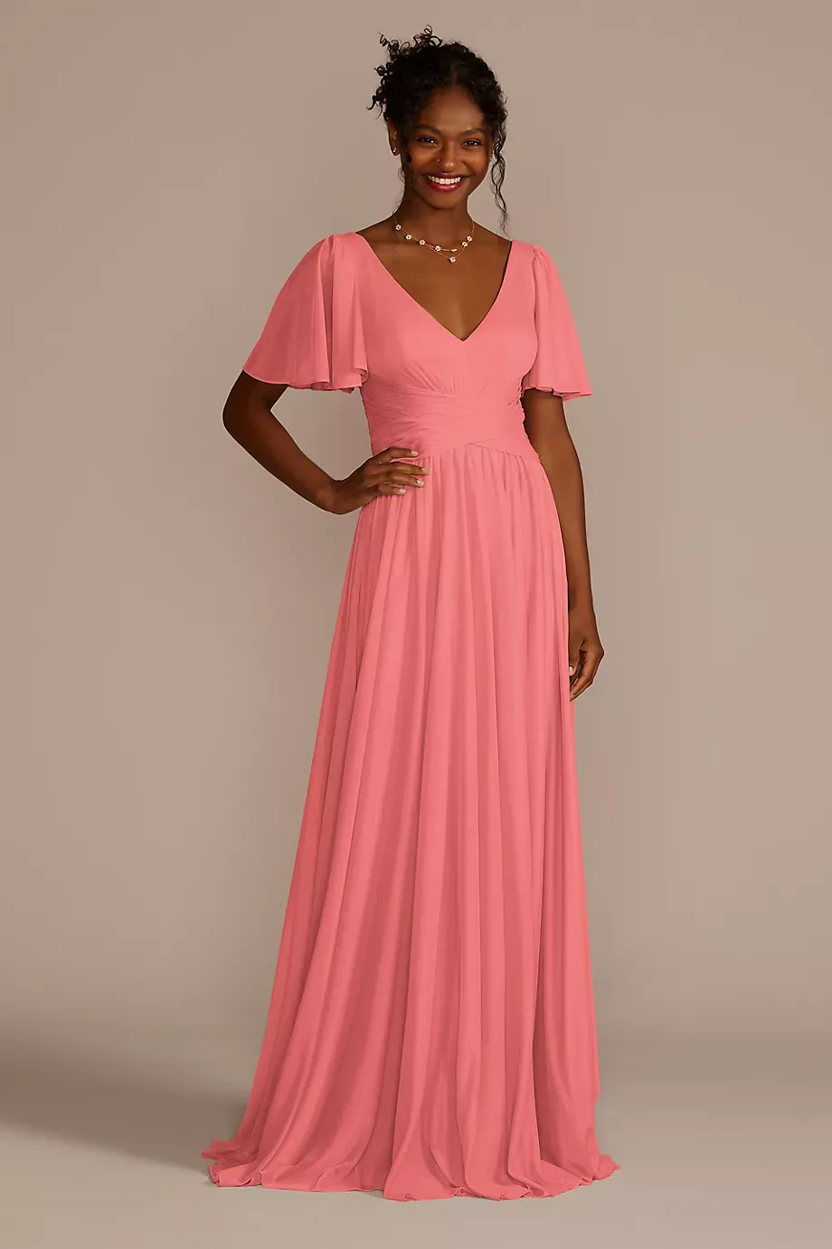 Celebrate DB Studio Flutter Sleeve Crisscross Mesh Dress in Coral Reef Size: 12 David's Bridal