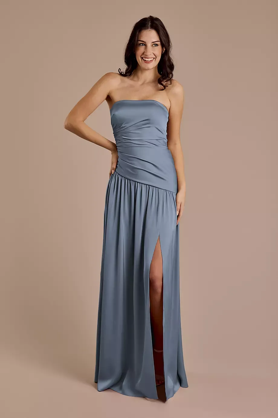 Galina Signature Matte Satin Strapless Drop Waist Dress in Steel Blue Size: 4 David's Bridal