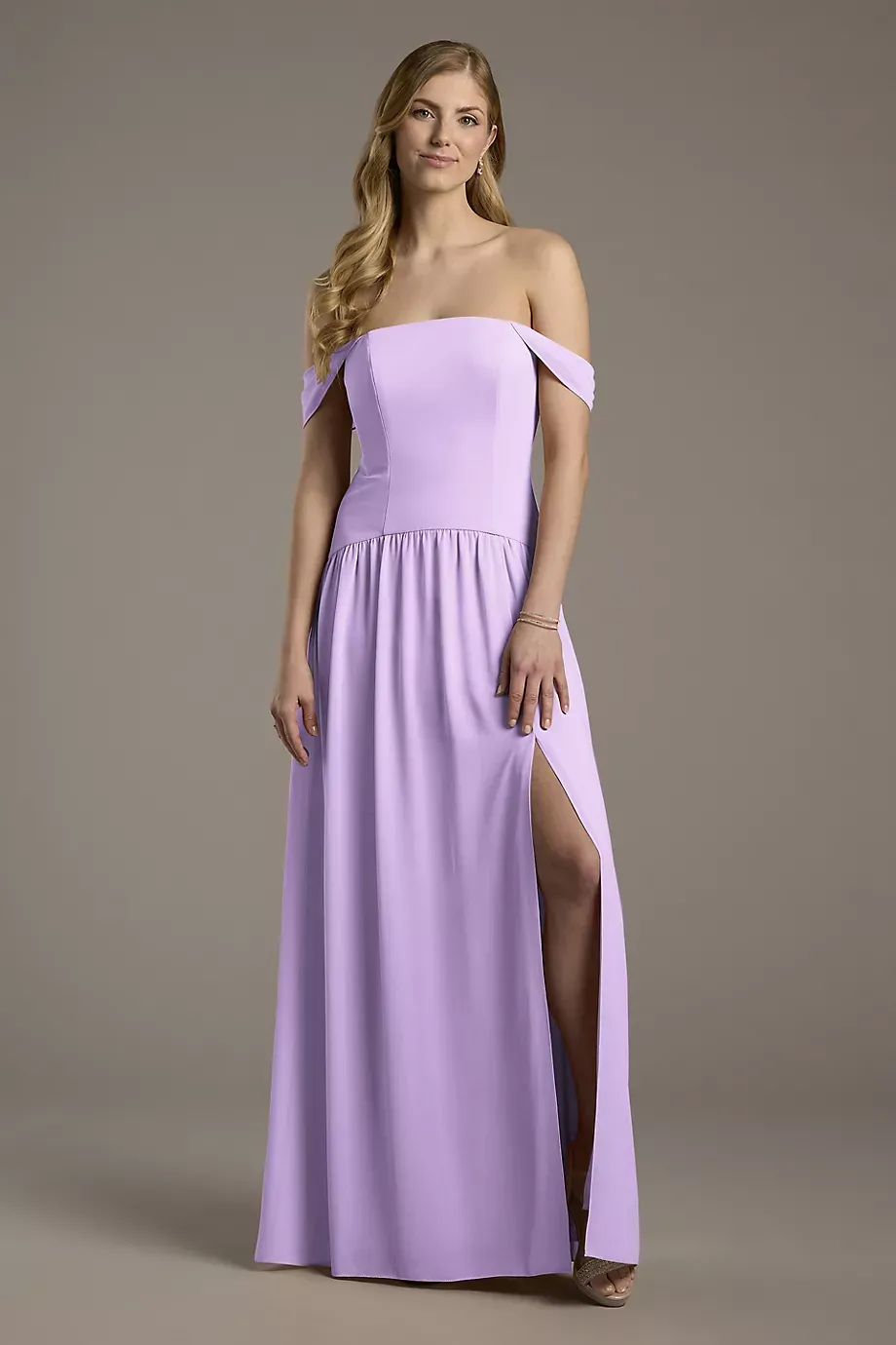 Celebrate DB Studio Chiffon Curved Drop Waist Off-The-Shoulder Dress in Lavender Size: 14 David's Bridal