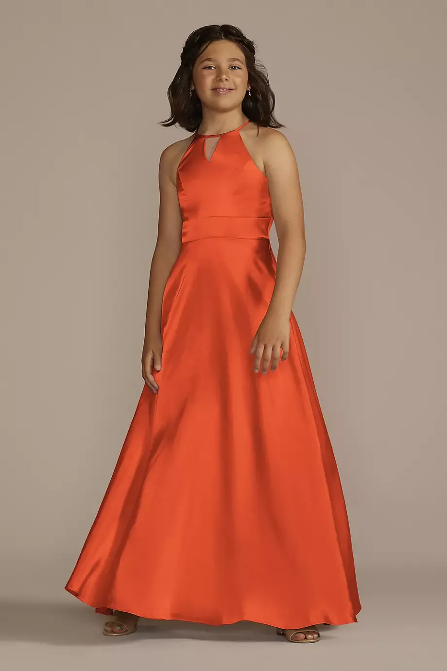 Galina Signature Charmeuse High-Neck Junior Bridesmaid Dress in Sunset Coral Size: 14 David's Bridal