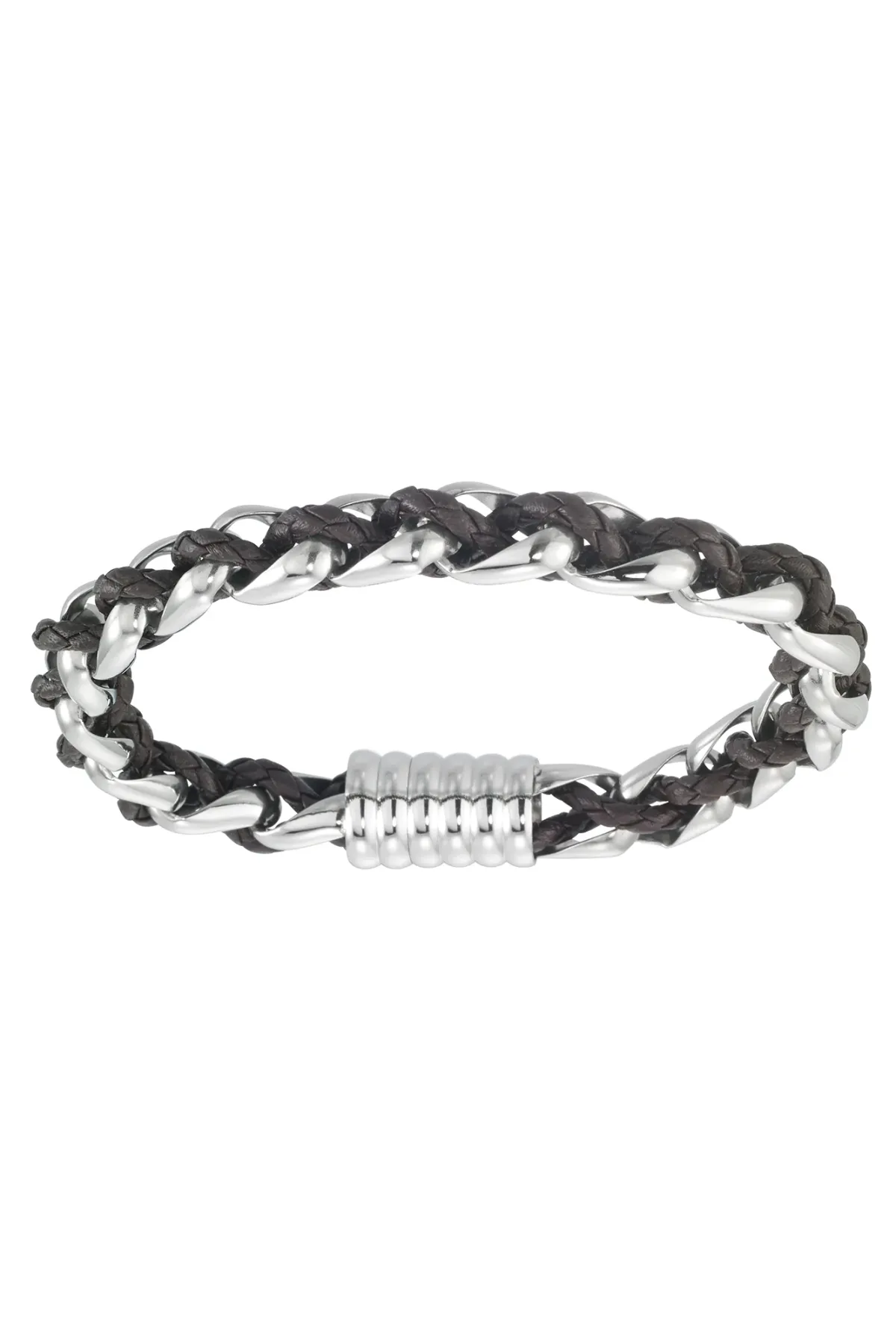 Men's Stainless Steel Brown Leather Braided Bracelet