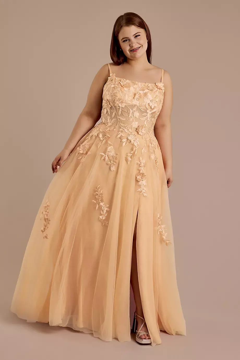 As Is Tulle Ball Gown With 3D Flower Illusion Bodi in Peach Size: 20 David's Bridal