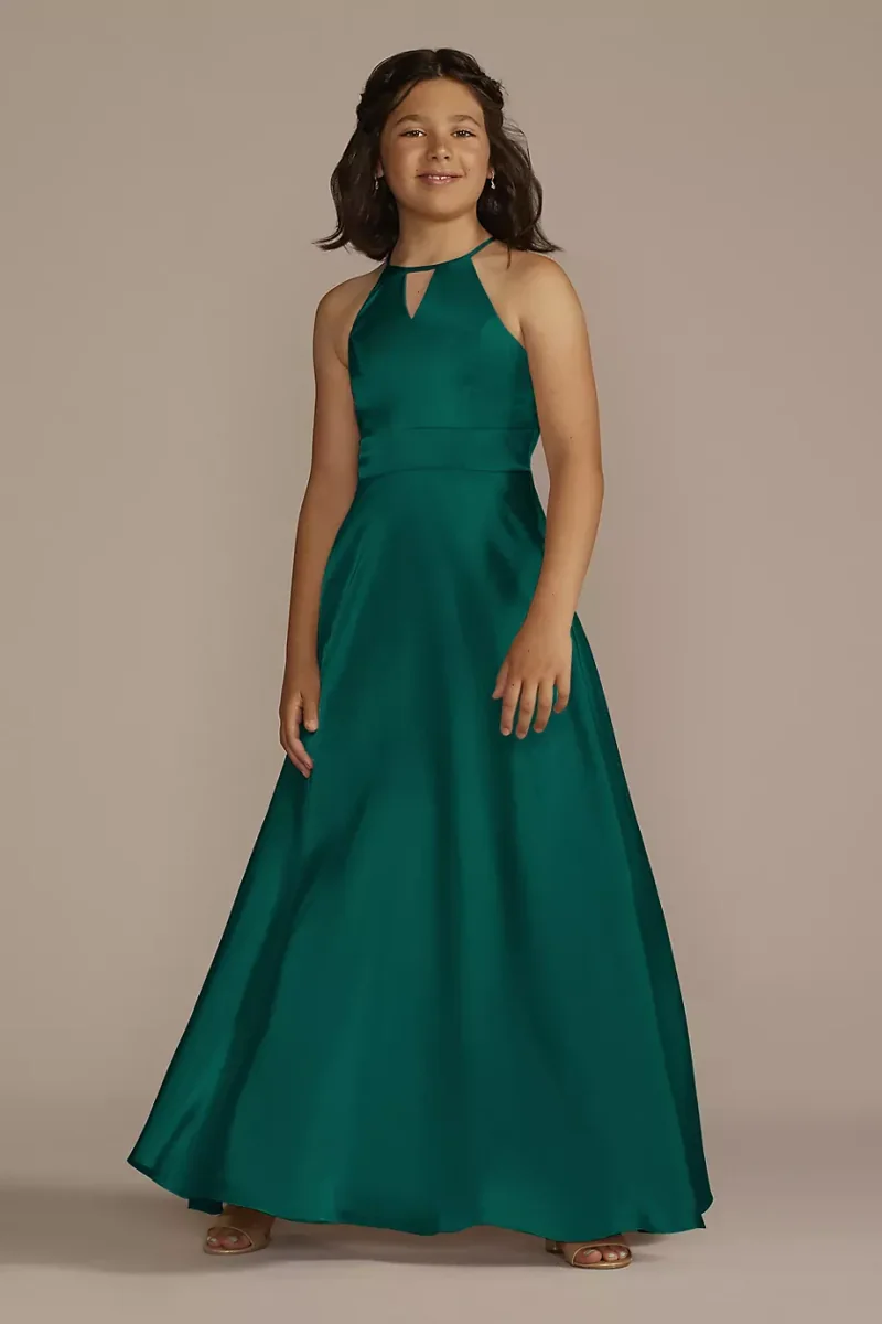 Galina Signature Charmeuse High-Neck Junior Bridesmaid Dress in True Teal Size: 14 David's Bridal