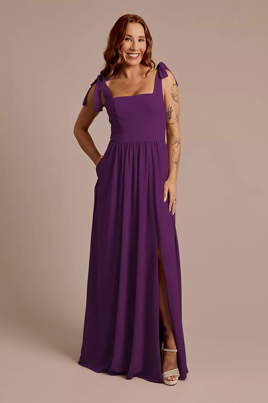Celebrate DB Studio Chiffon Tie Strap Tank A-Line Dress in Plum Size: 18 David's Bridal