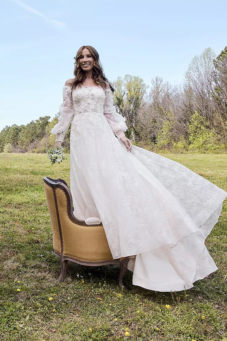 Melissa Sweet Billowy Long Sleeve Off-The-Shoulder Wedding Dress in Ivory/Stone Size: 2 David's Bridal