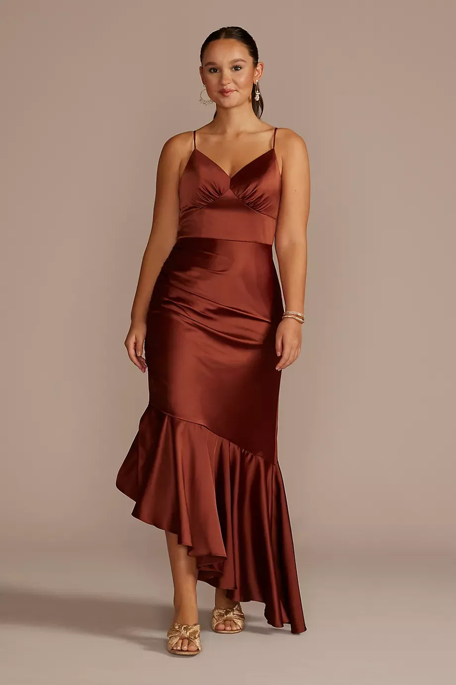 DB Studio Asymmetrical Stretch Charmeuse Sheath Dress in Cinnamon Size: 4 David's Bridal