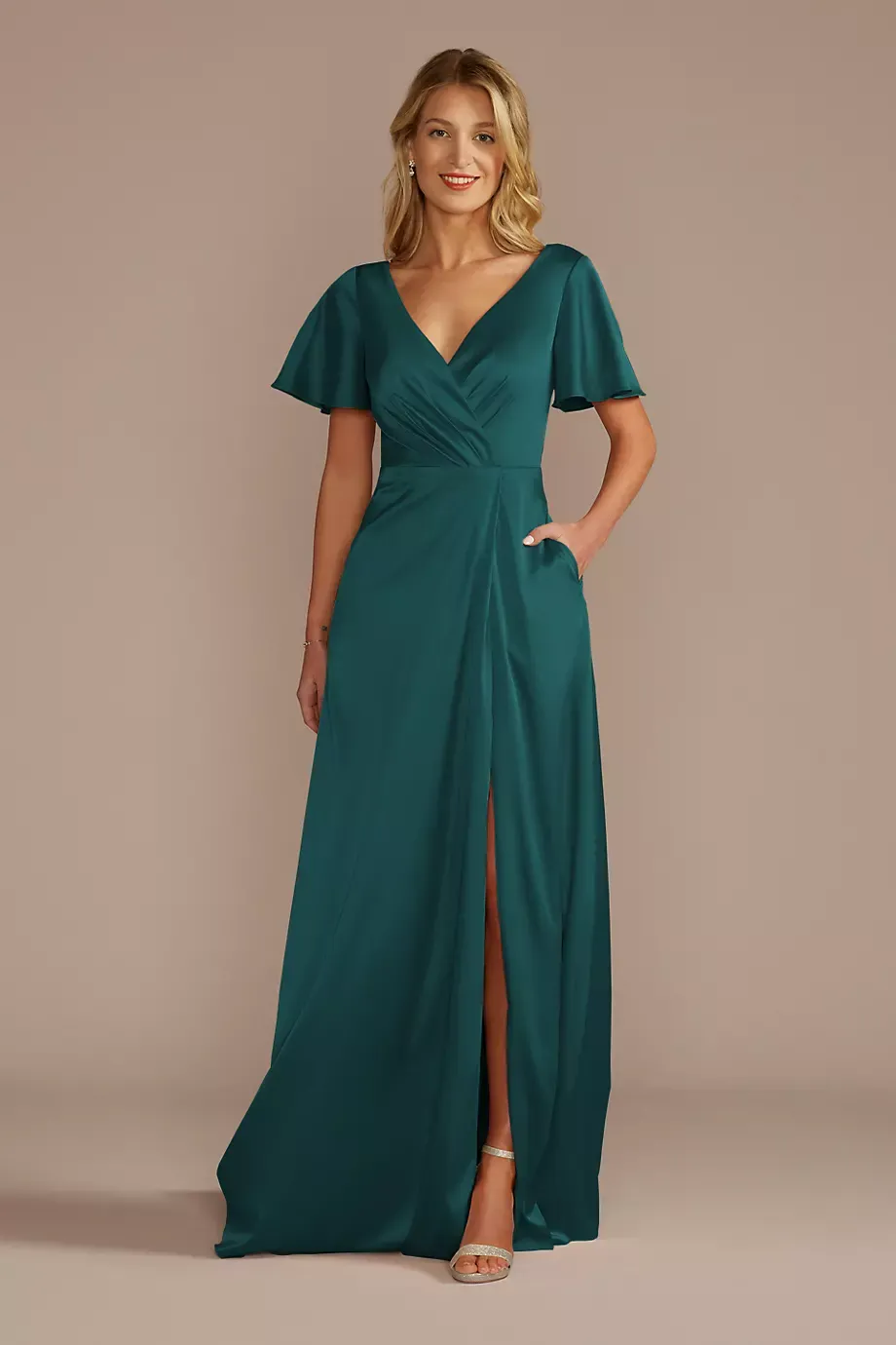 Celebrate DB Studio Short Sleeve Stretch Charmeuse Dress in Gem Size: 4 David's Bridal