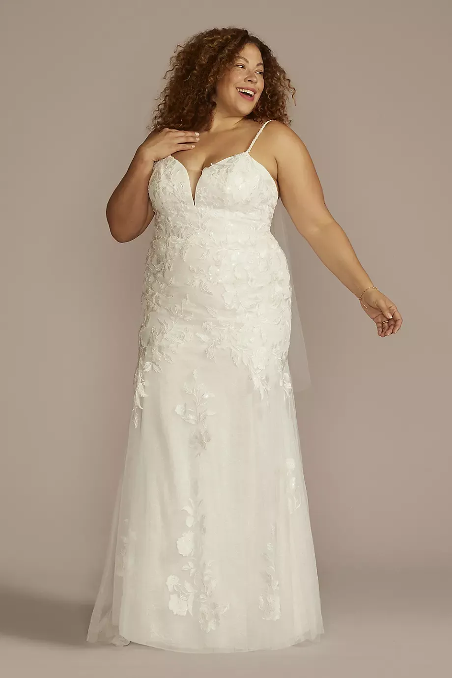 Melissa Sweet Lace Applique Tulle Mermaid Plus Size Wedding Gown in Soft White Size: 30W David's Bridal