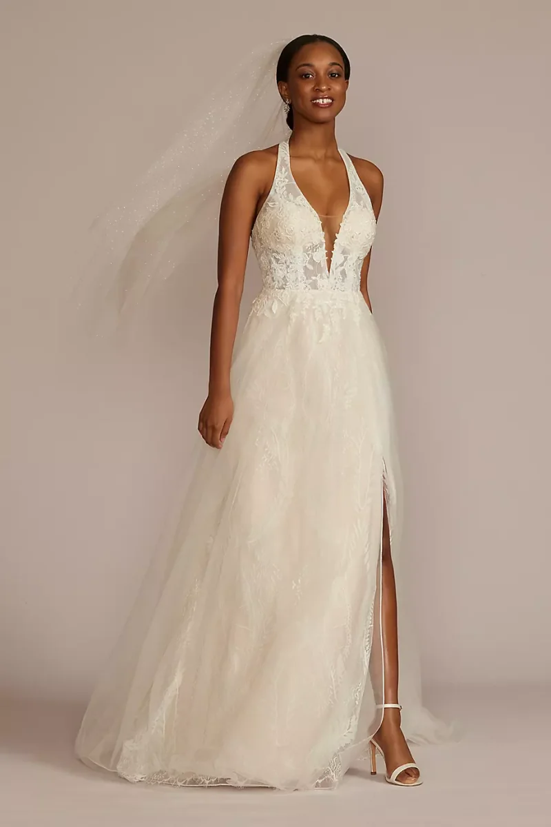 DB Studio Lace Applique Halter A-Line Tall Wedding Dress in Ivory/Stone Size: 10 David's Bridal