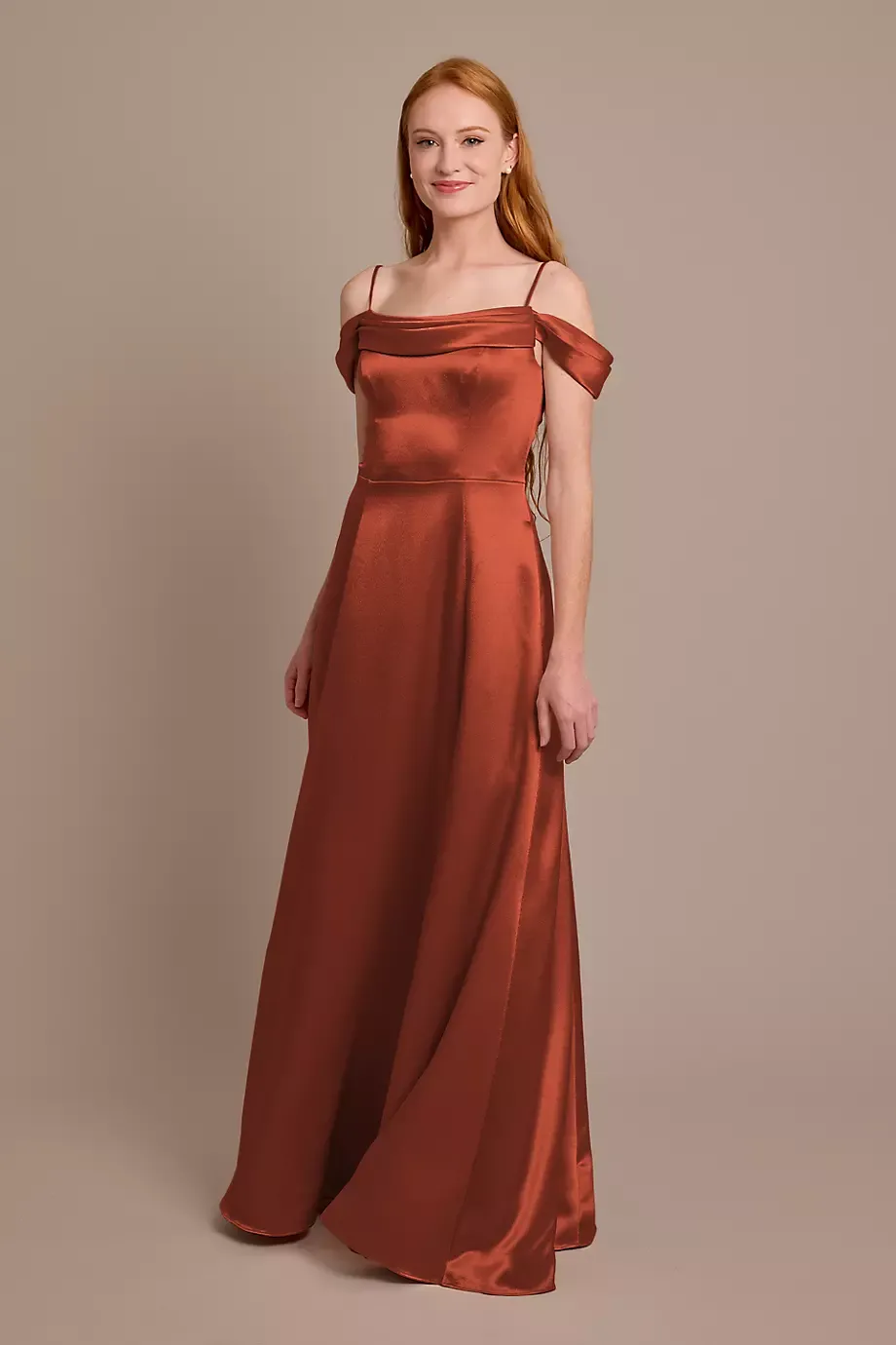 Celebrate DB Studio Luxe Charmeuse Off-The-Shoulder Dress in Cinnamon Size: 12 David's Bridal