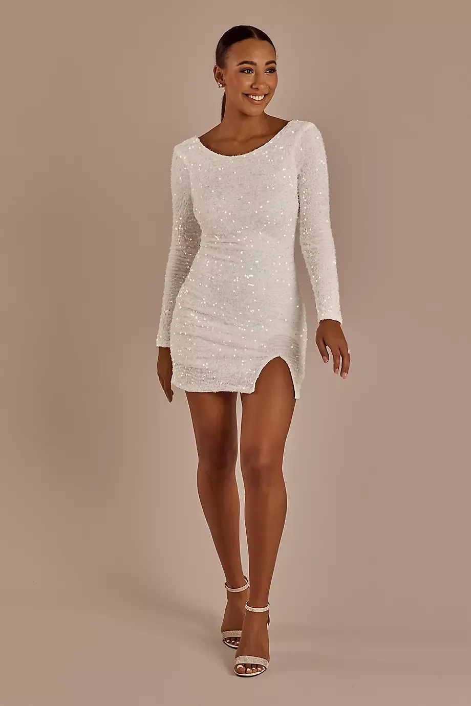 Crystal Doll Long Sleeve Scoop Back Sequin Mini Dress in White Size: Small David's Bridal