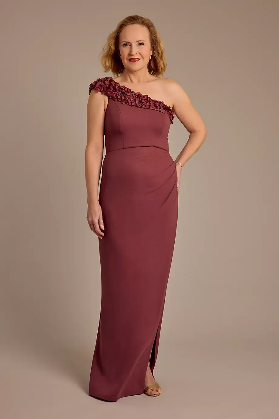 Oleg Cassini Soutache One Shoulder Crepe Sheath Dress in Rosewood Size: 6 David's Bridal