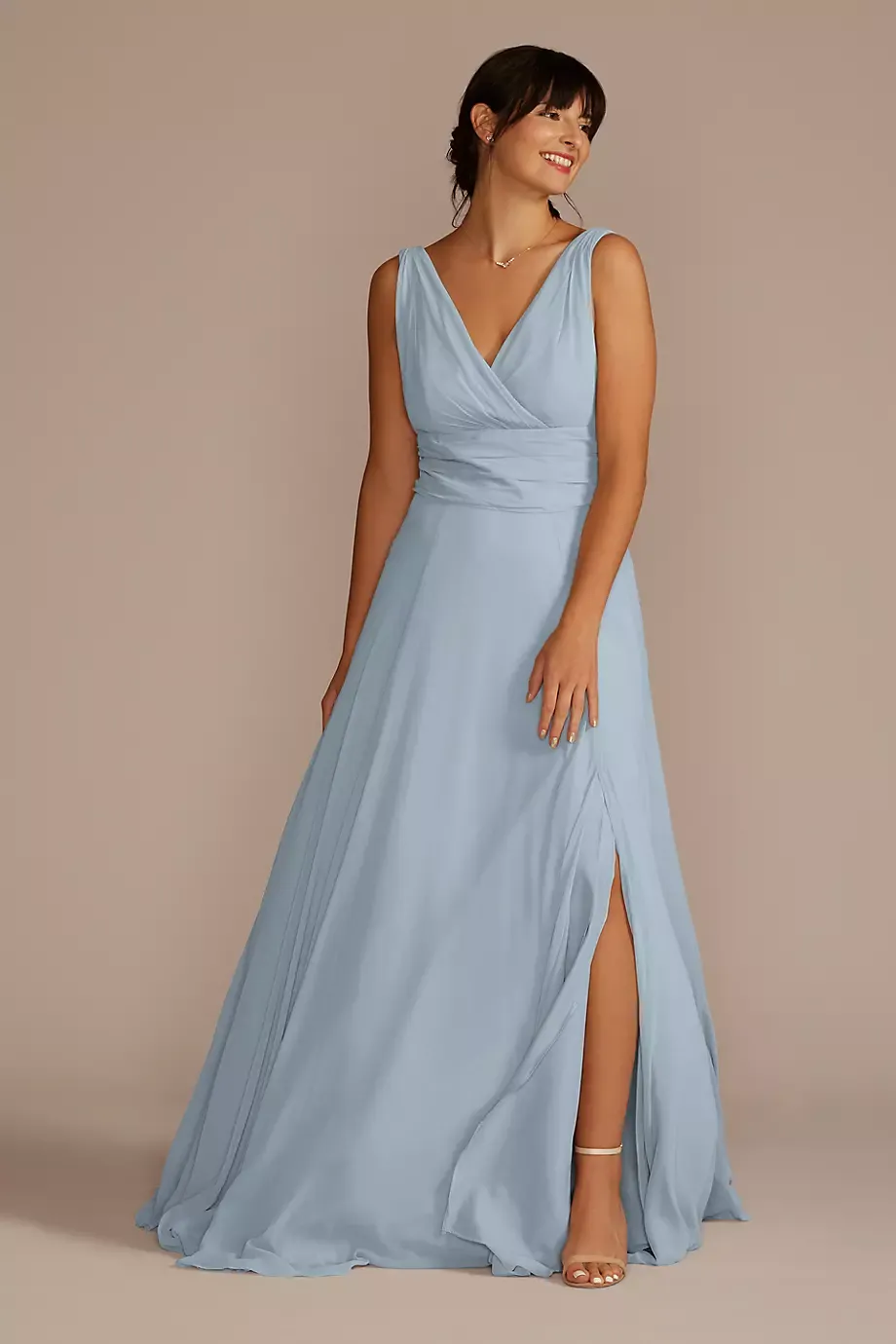 Celebrate DB Studio Long Chiffon Surplice Tank Bridesmaid Dress in Dusty Blue Size: 26 David's Bridal
