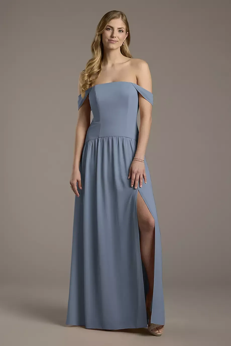 Celebrate DB Studio Chiffon Curved Drop Waist Off-The-Shoulder Dress in Steel Blue Size: 30 David's Bridal