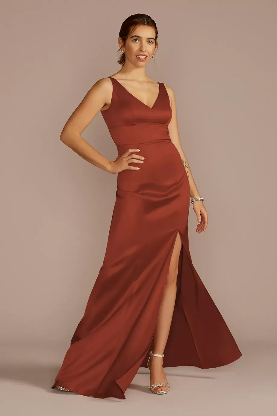 Celebrate DB Studio Stretch Satin V-Neck Tank Sheath Dress in Cinnamon Size: 26 David's Bridal