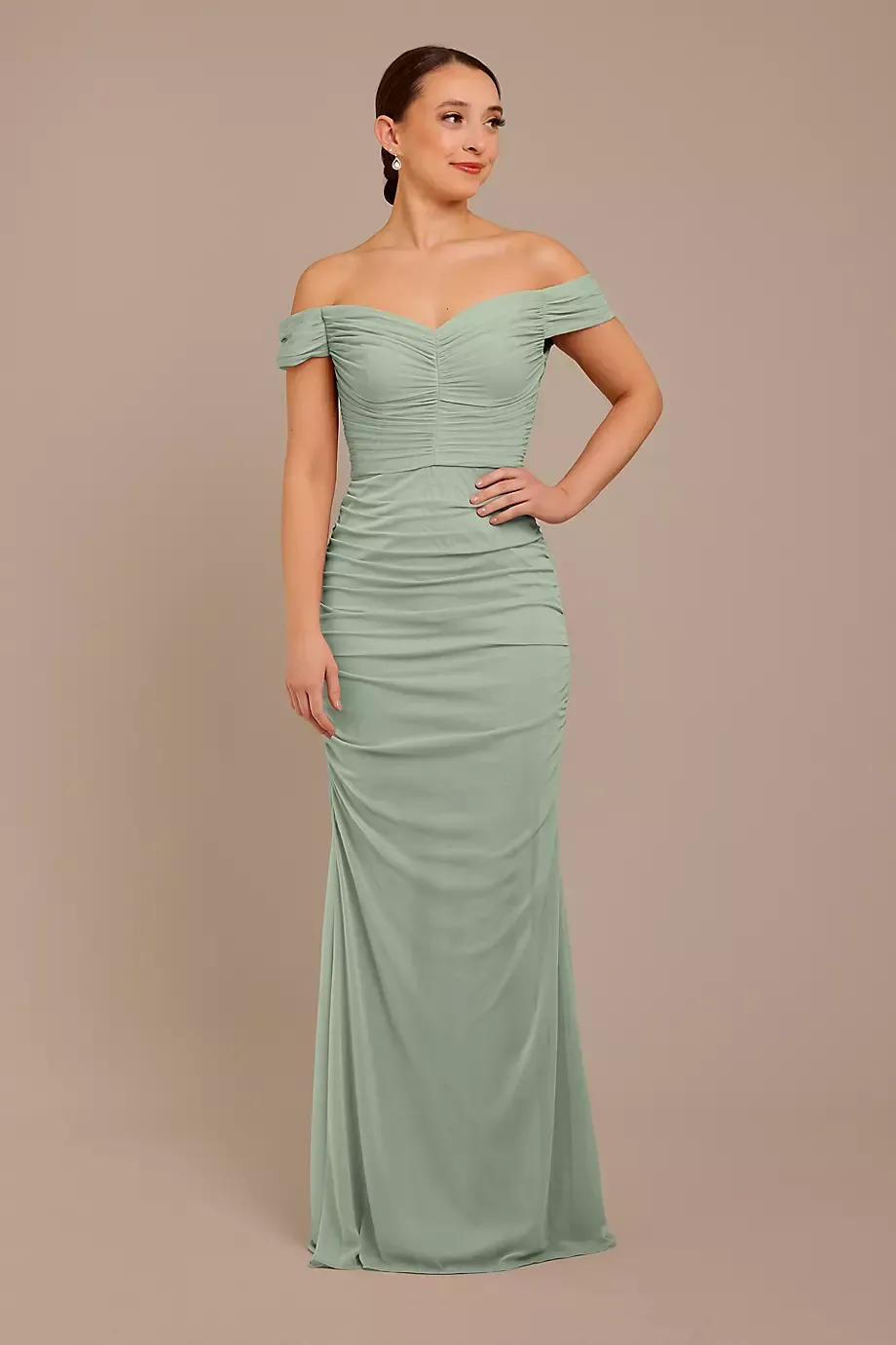 Celebrate DB Studio Mesh Off-The-Shoulder Ruched Bridesmaid Dress in Dusty Sage Size: 10 David's Bridal