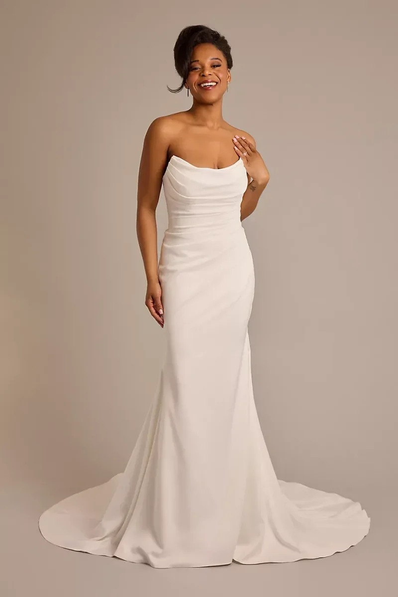 Galina Signature Strapless Draped Satin Mermaid Wedding Dress in Soft White Size: 14 David's Bridal