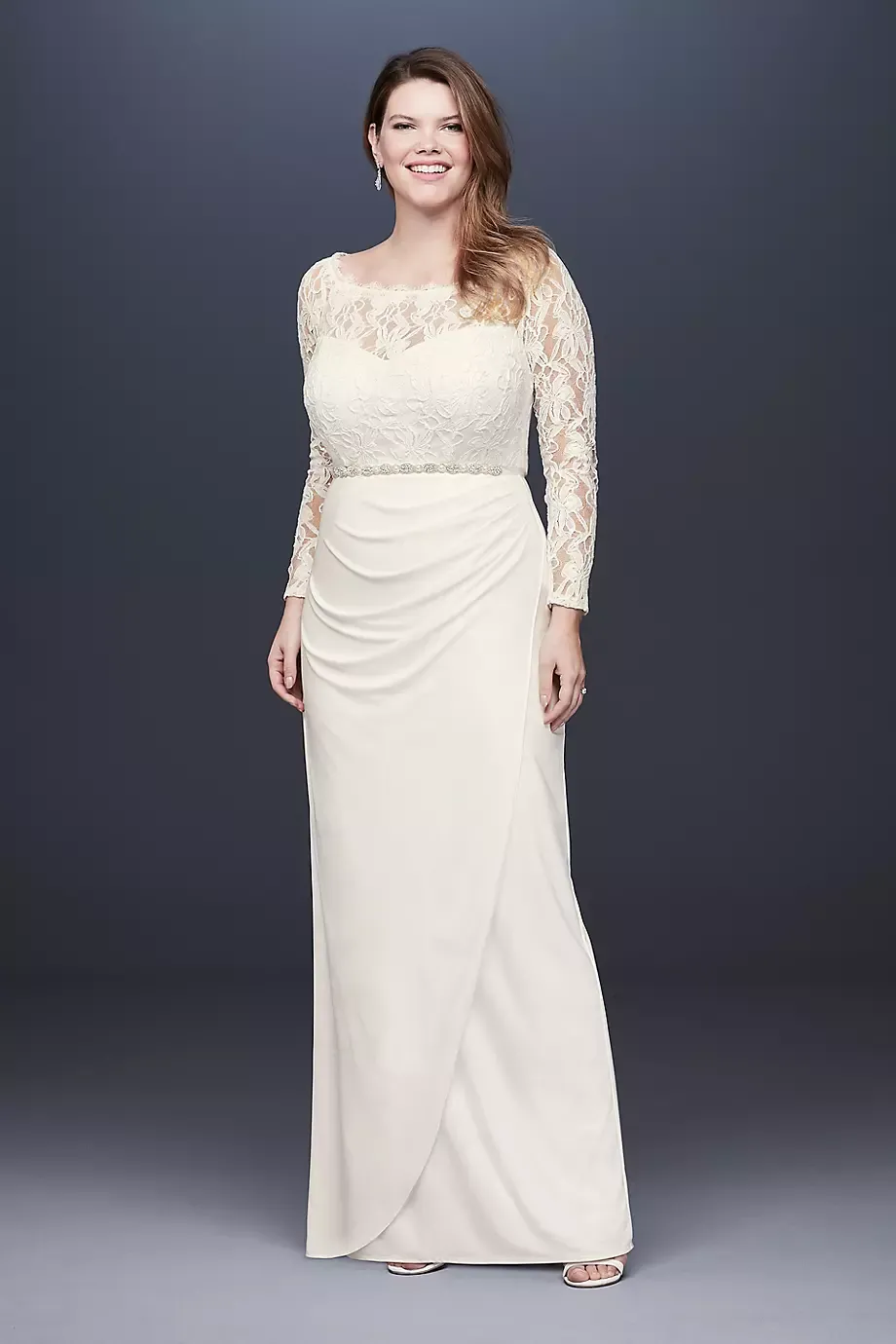 DB Studio Off-The-Shoulder Long Sleeve Lace Plus Size Gown in Ivory Size: 20W David's Bridal