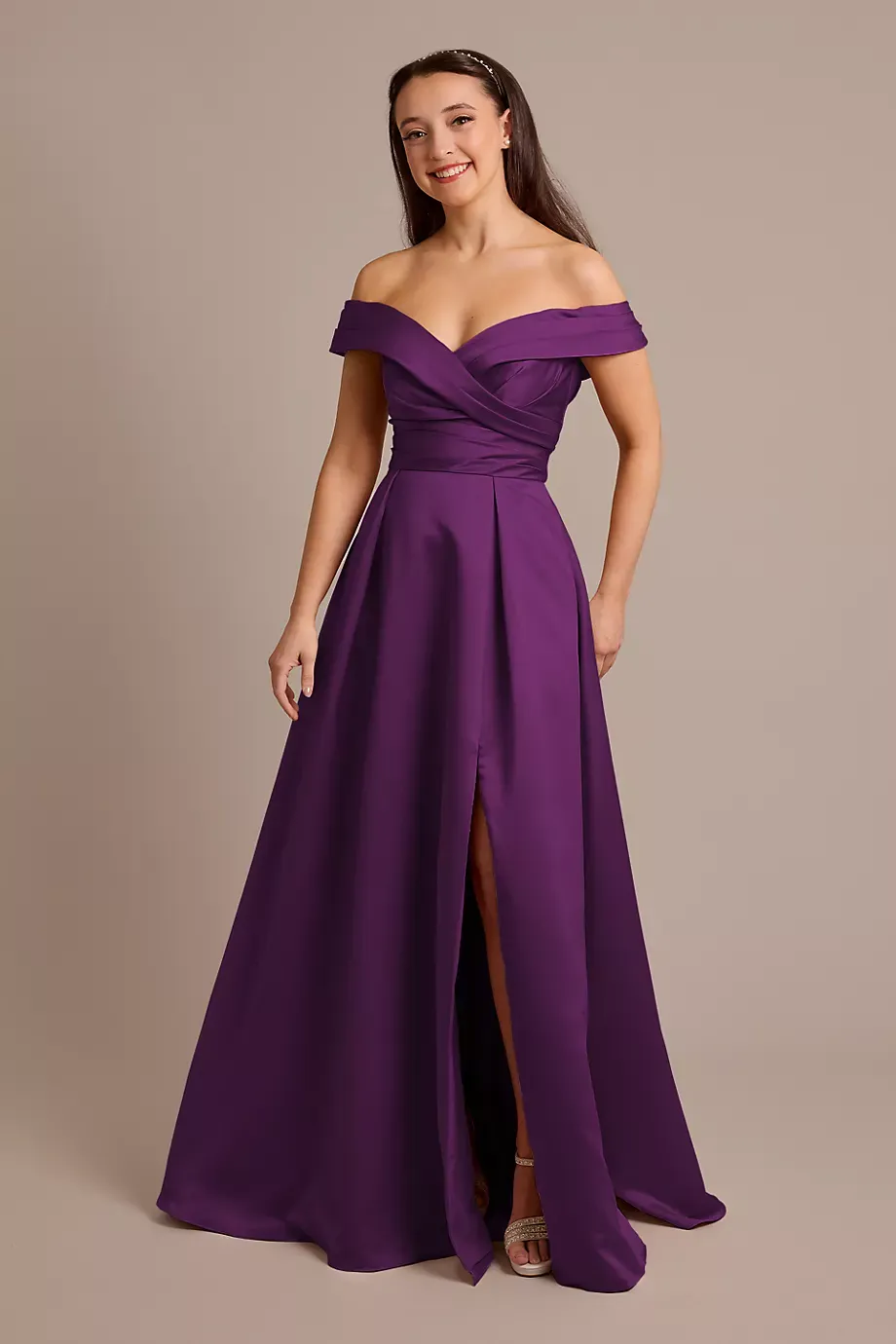 Celebrate DB Studio Satin Off-The-Shoulder Ball Gown Dress in Plum Size: 14 David's Bridal