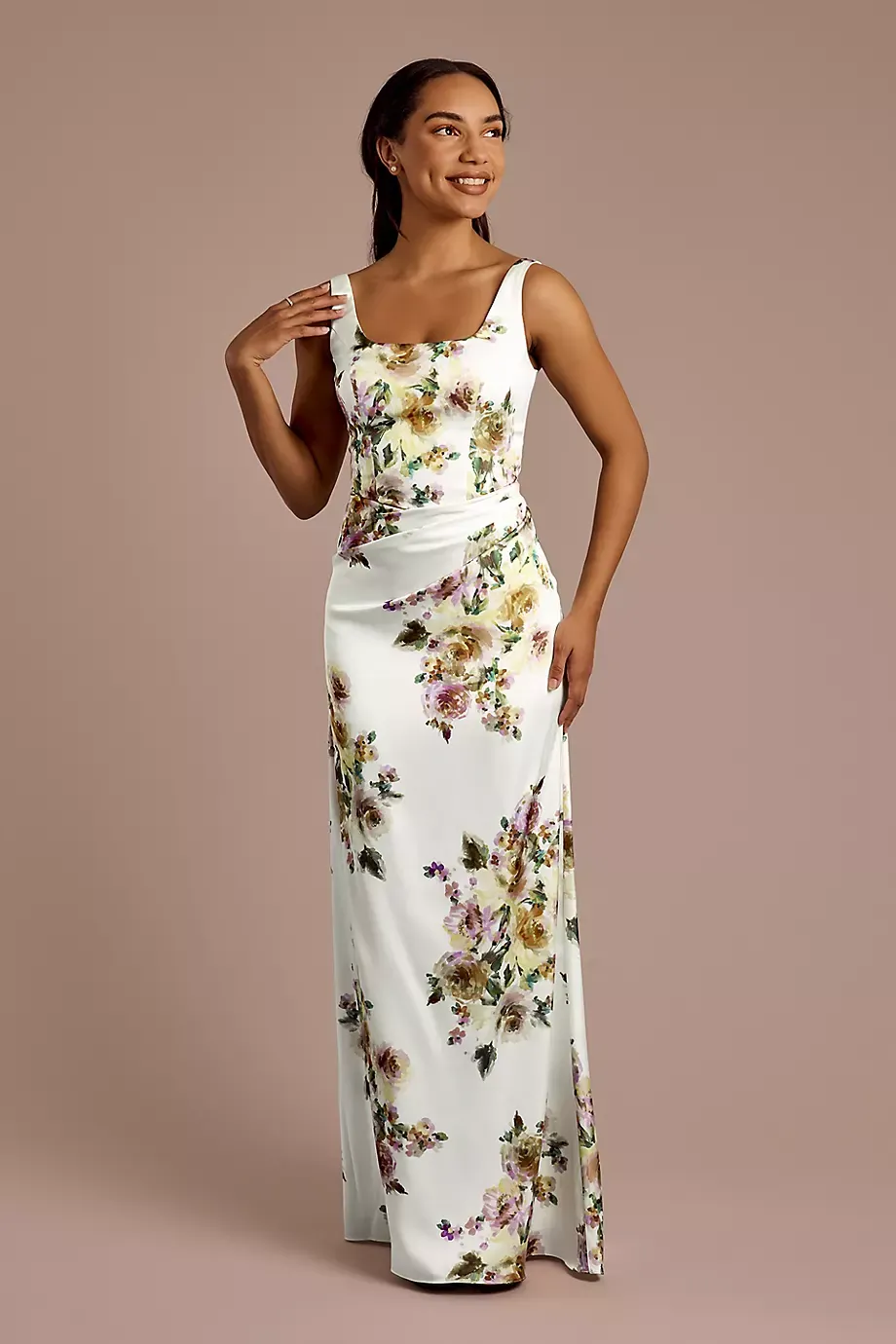 Galina Signature Floral Matte Satin Basque Waist Tank Dress in White Bouquet Floral Print Size: 10 David's Bridal