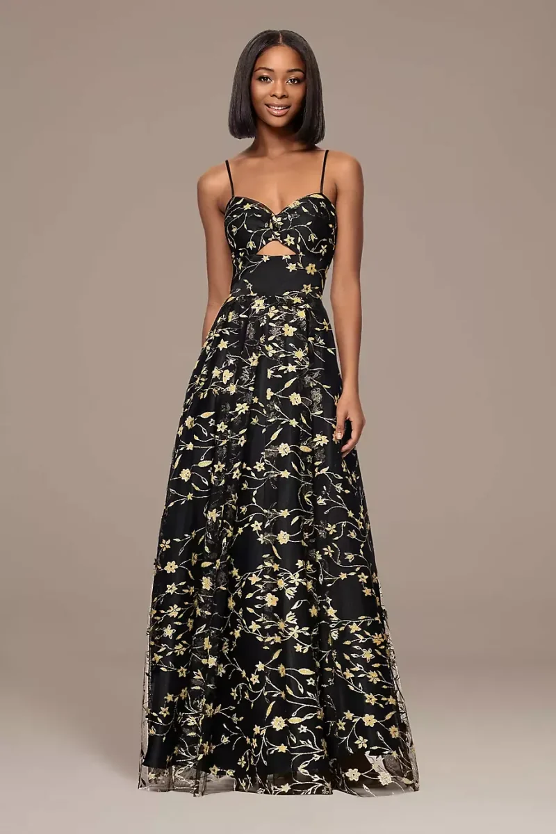 Blondie Nites Glitter Floral Print Ball Gown With Bodice Cutout in Black Size: 0 David's Bridal