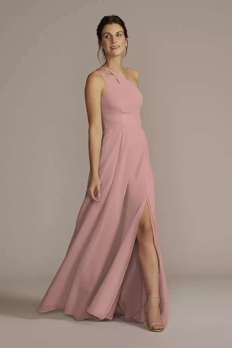 Celebrate DB Studio Chiffon One-Shoulder Cutout Dress in Quartz Size: 0 David's Bridal