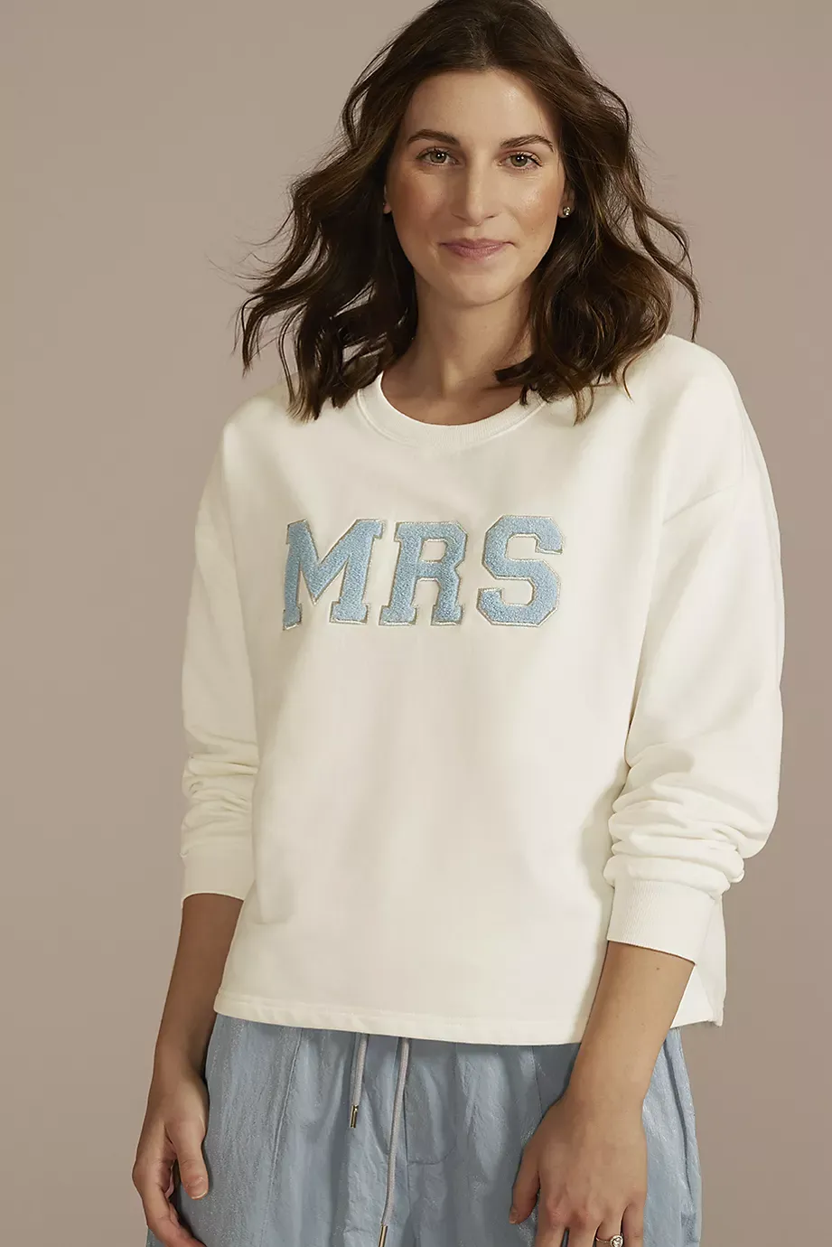 Mrs Embroidered Varsity Letter Patch Crewneck in White Size: 3X David's Bridal