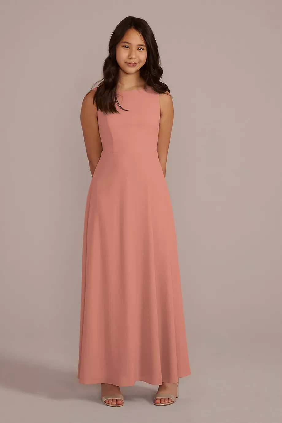 Celebrate DB Studio Chiffon Junior Bridesmaid Dress With Tie Back in Desert Coral Size: 6 David's Bridal