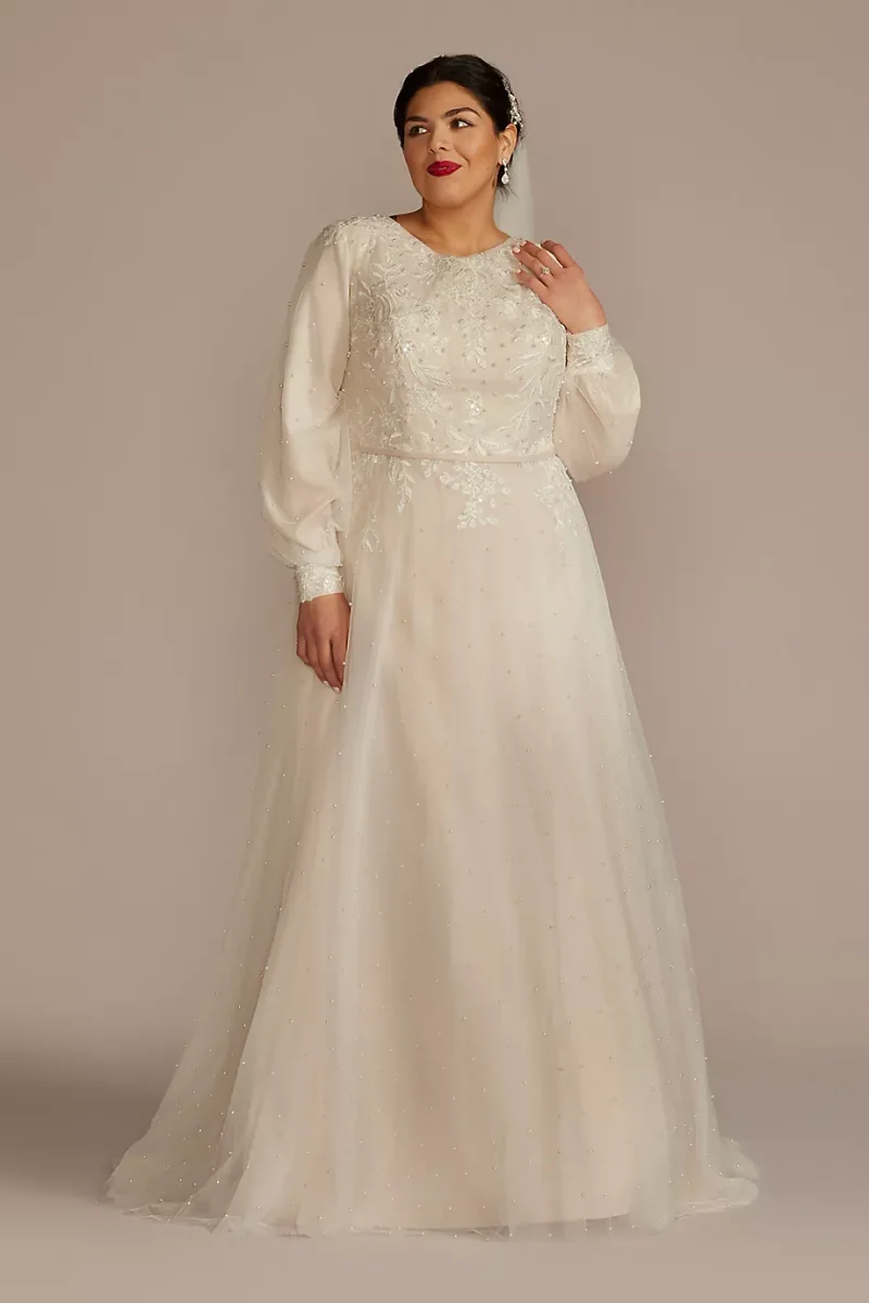 As Is Long Sleeve Pearl Tulle Modest Wedding Dress in Ivory/Stone Size: 18W David's Bridal