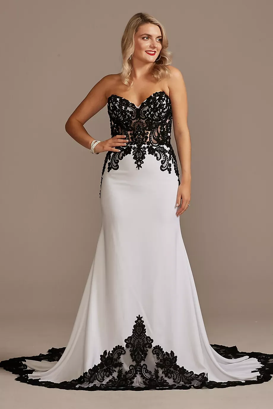 Galina Signature Lace Sheer Beaded Bodice Wedding Dress in Black/White Size: 4 David's Bridal