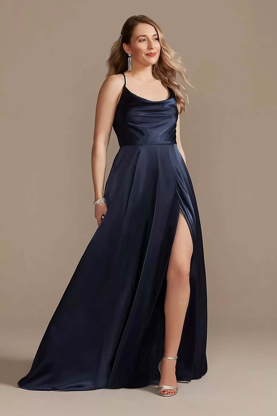 Galina Signature Charmeuse Cowl Dress With Lace-Up Back in Marine Size: 10 David's Bridal