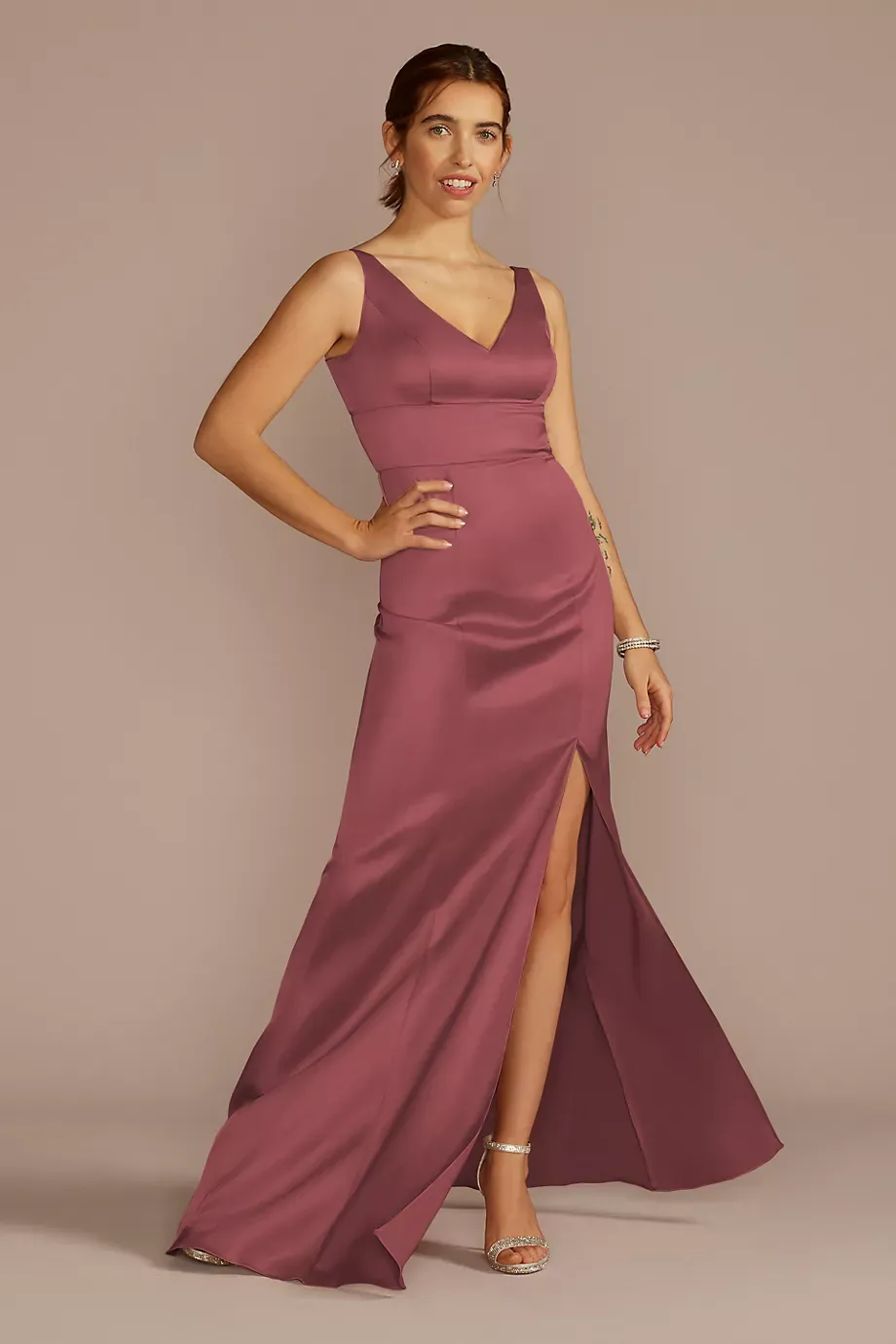 Celebrate DB Studio Stretch Satin V-Neck Tank Sheath Dress in Chianti Size: 18 David's Bridal