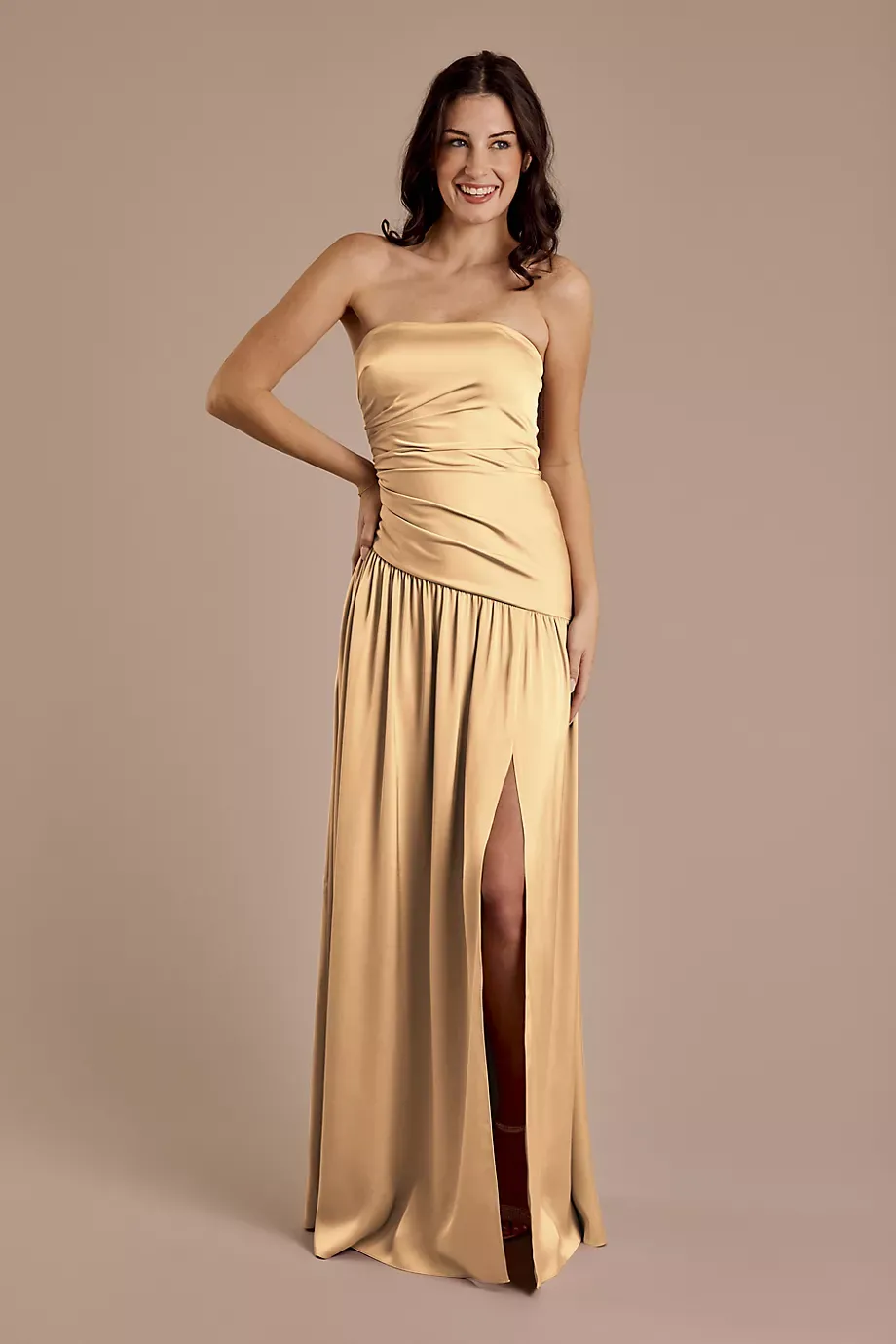 Galina Signature Matte Satin Strapless Drop Waist Dress in Golden Size: 4 David's Bridal