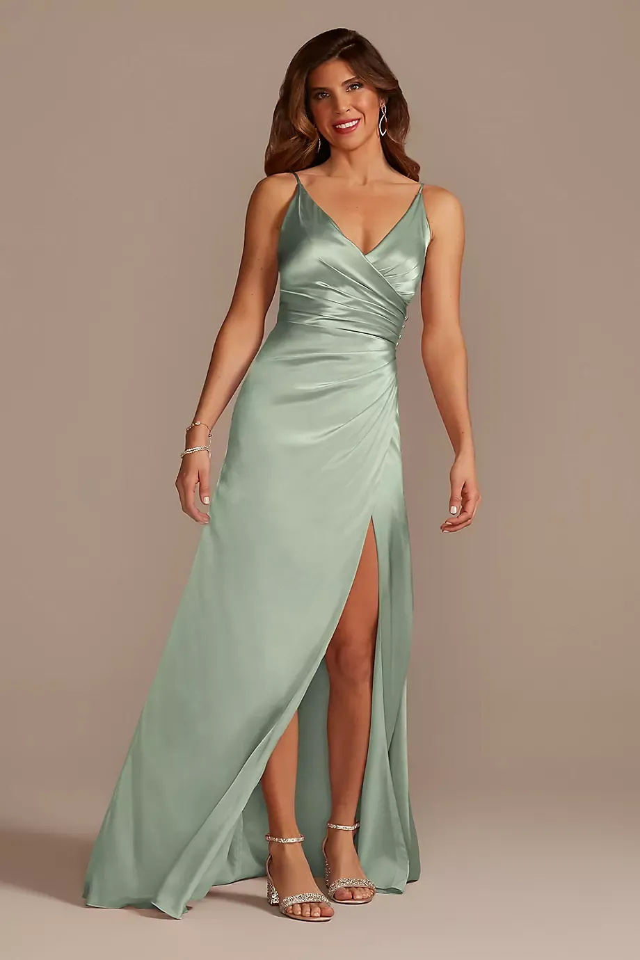 Galina Signature Tall Charmeuse Draped Strappy Dress in Dusty Sage Size: 16 David's Bridal