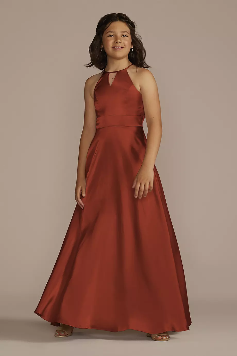 Galina Signature Charmeuse High-Neck Junior Bridesmaid Dress in Cinnamon Size: 8 David's Bridal
