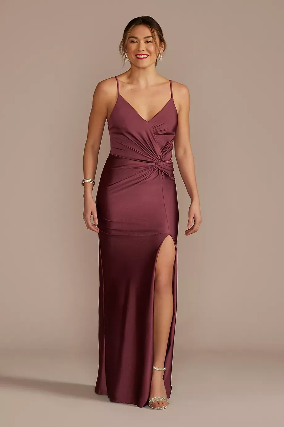 Galina Signature Twist Front Stretch Satin Sheath Dress With Slit in Rosewood Size: 2 David's Bridal