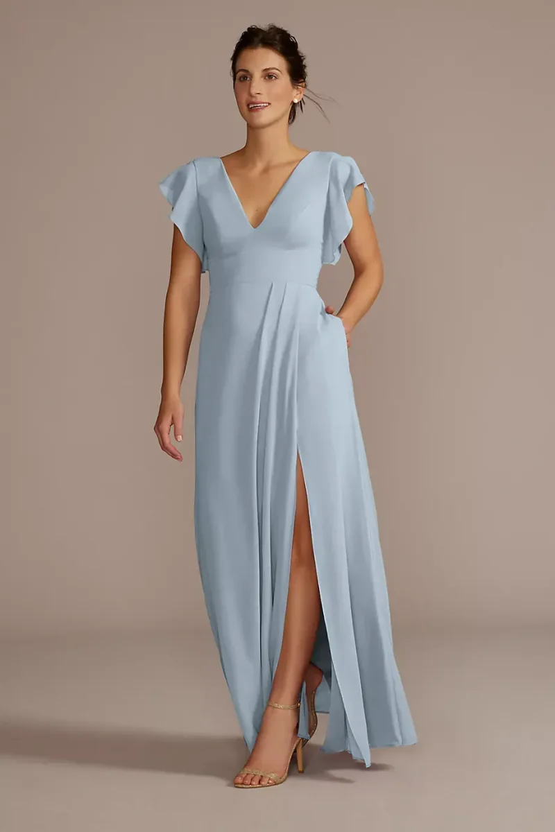 Celebrate DB Studio Tall Flutter Sleeve Chiffon Dress in Dusty Blue Size: 16 David's Bridal