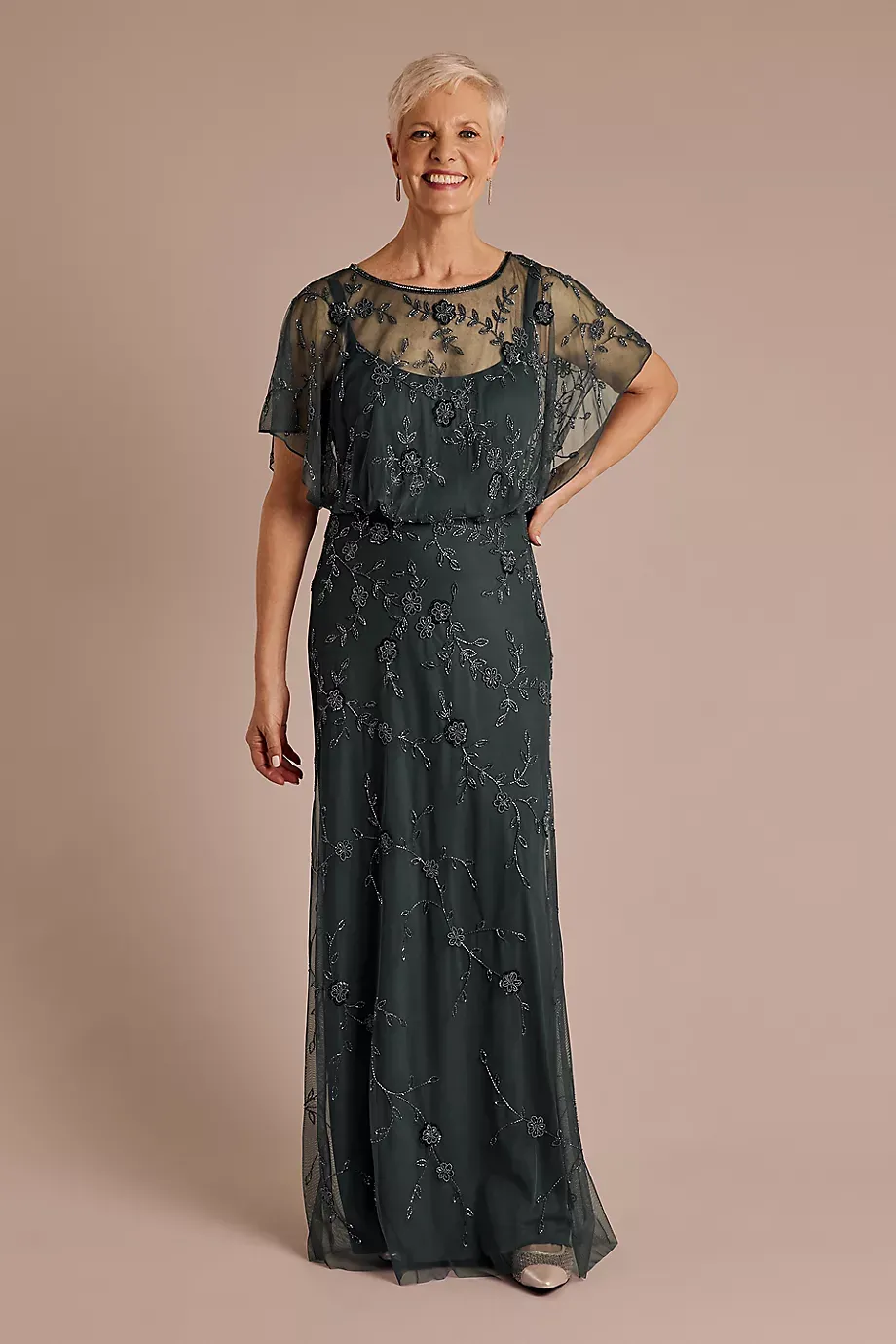 Oleg Cassini Allover Beaded Blouson Sleeve A-Line Dress in Teal Size: 8 David's Bridal