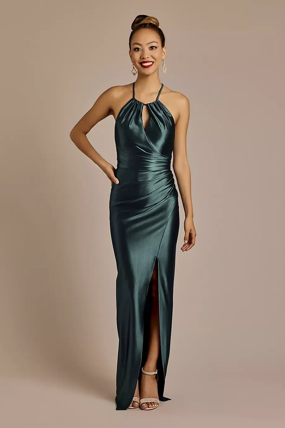 DB Studio Sculpting Satin Draped Halter Sheath Dress in Adriatic Size: 16 David's Bridal