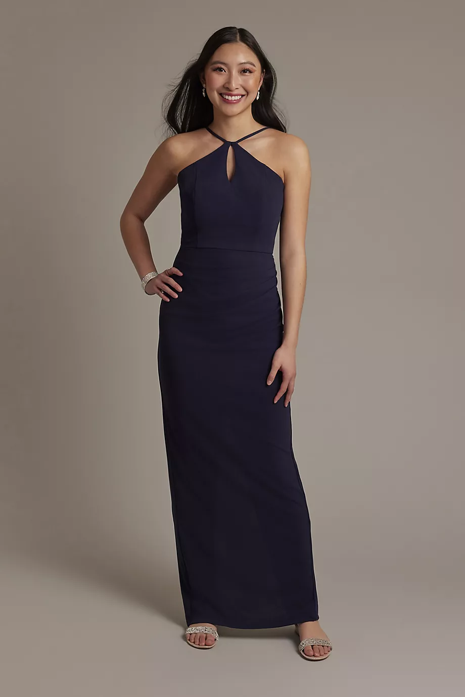 DB Studio Crepe Keyhole Halter A-Line Dress in Navy Size: 14 David's Bridal